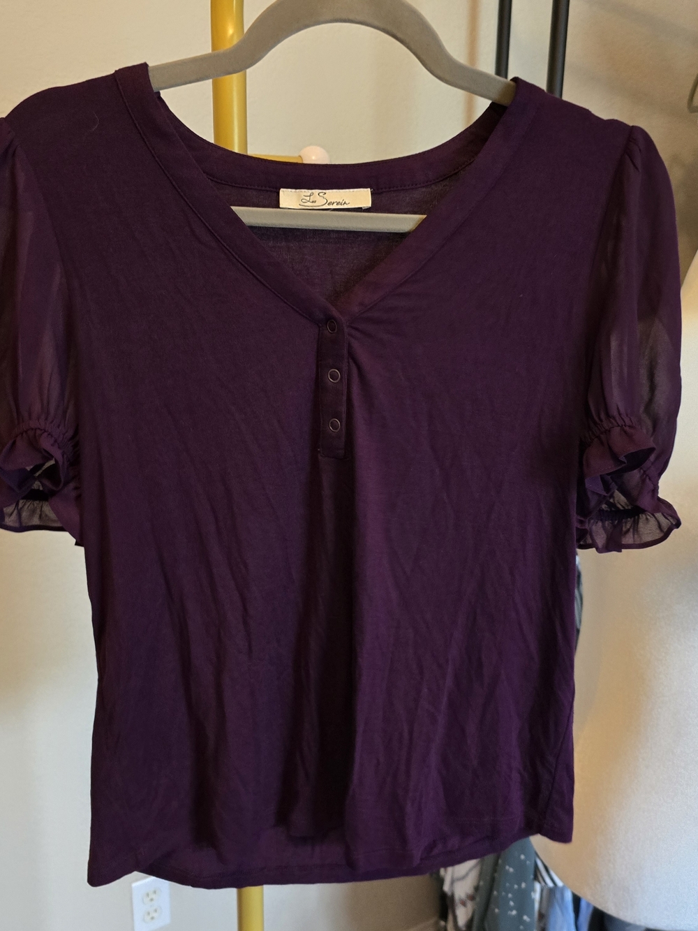L'Agence Purple Puff Sleeve V-Neck Tee